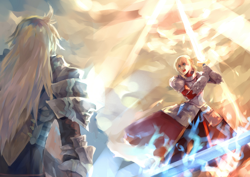 1boy, 1girl, armor, armored_dress, balmung_(fate/apocrypha), blonde_hair, clarent, fate/apocrypha