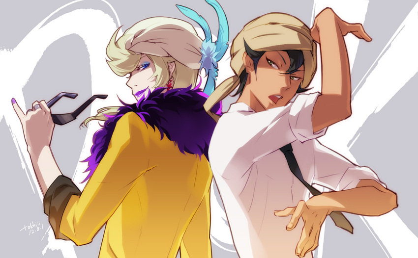 2boys, akira_agarkar_yamada, black_hair, dark_skin, earrings, feathers, george_ace, glasses