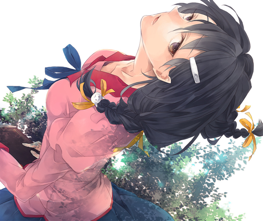 bakemonogatari, black_hair, book, braid, collarbone, hanekawa_tsubasa, head_tilt, looking_back