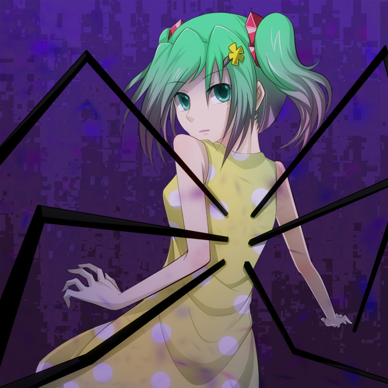 1girl, back, bare_shoulders, dark, dress, expressionless, from_behind, green_eyes