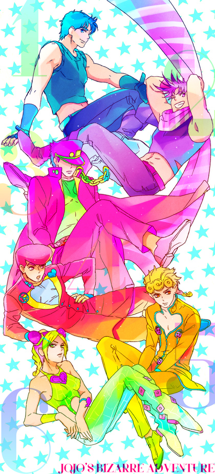1girl, 5boys, blonde_hair, blue_hair, curly_hair, dororosso, double_bun, giorno_giovanna