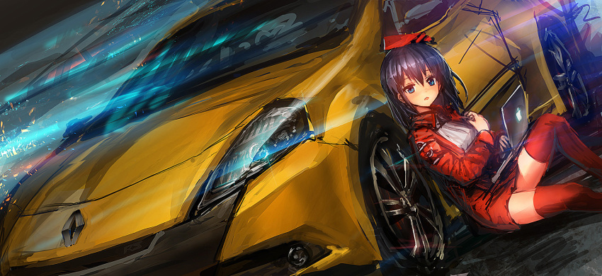:o, black_hair, blue_eyes, car, citron, computer, highres, laptop, lm7_(op-center), long_hair, looking_at_viewer, macintosh, motor_vehicle, open_mouth, original, red_legwear, renault, renault_glasses, sitting, solo, thigh-highs, thighhighs, vehicle