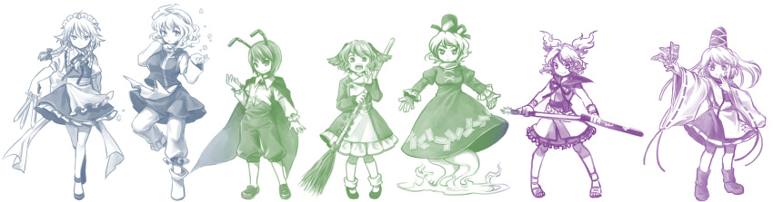 6+girls, animal_ears, antennae, bamboo_broom, belt, bow, braid, breasts