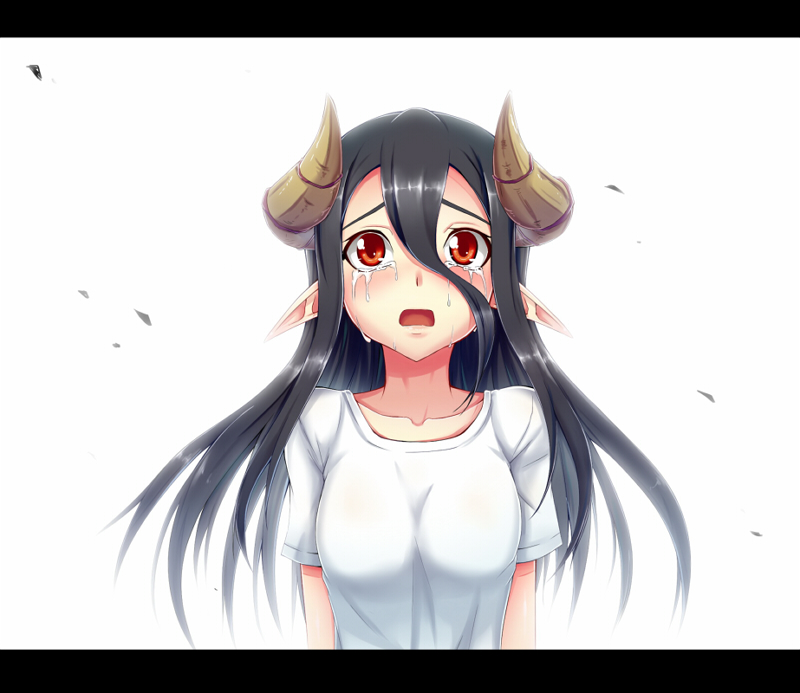 1girl, black_hair, breasts, crying, crying_with_eyes_open, dragon_girl, dragon_horns, dream_demon