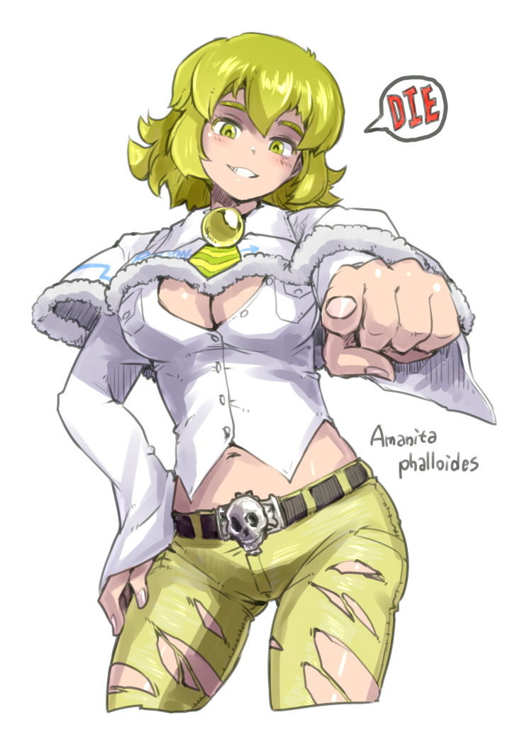 amanita_phalloides, belt, blonde_hair, breasts, capelet, cleavage, cowboy_shot, cropped_legs, fur_trim, grin, hand_on_thigh, jeans, looking_at_viewer, midriff, mushroom, navel, original, oso_(toolate), personification, pointing, pointing_at_viewer, skin_tight, skull, smile, solo, tight_pants, torn_clothes, torn_jeans, white_background, yellow_eyes