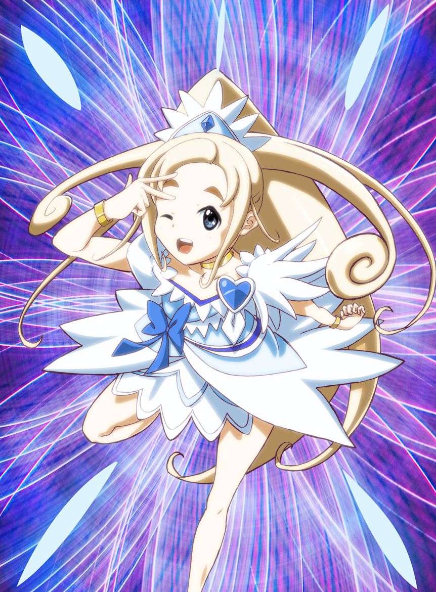 1girl, ;d, blue_eyes, bracelet, cosplay, cure_diamond, cure_diamond_(cosplay), dokidoki!_precure