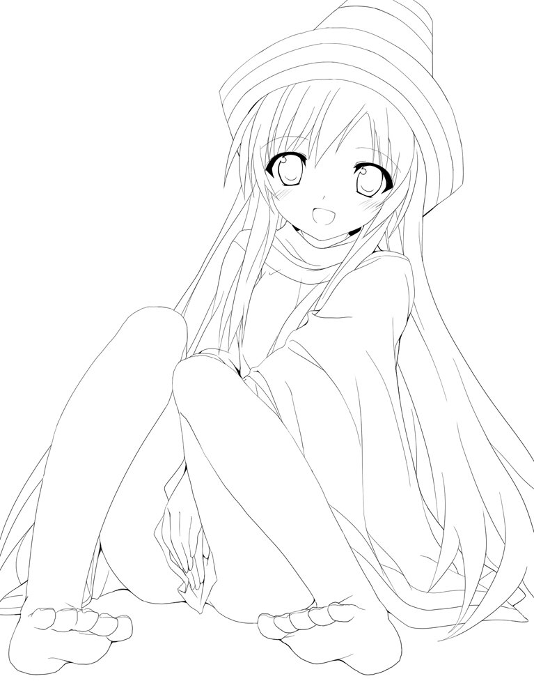 1girl, barefoot, blush, feet, hakata-san, kusakami_akira, lineart, looking_at_viewer