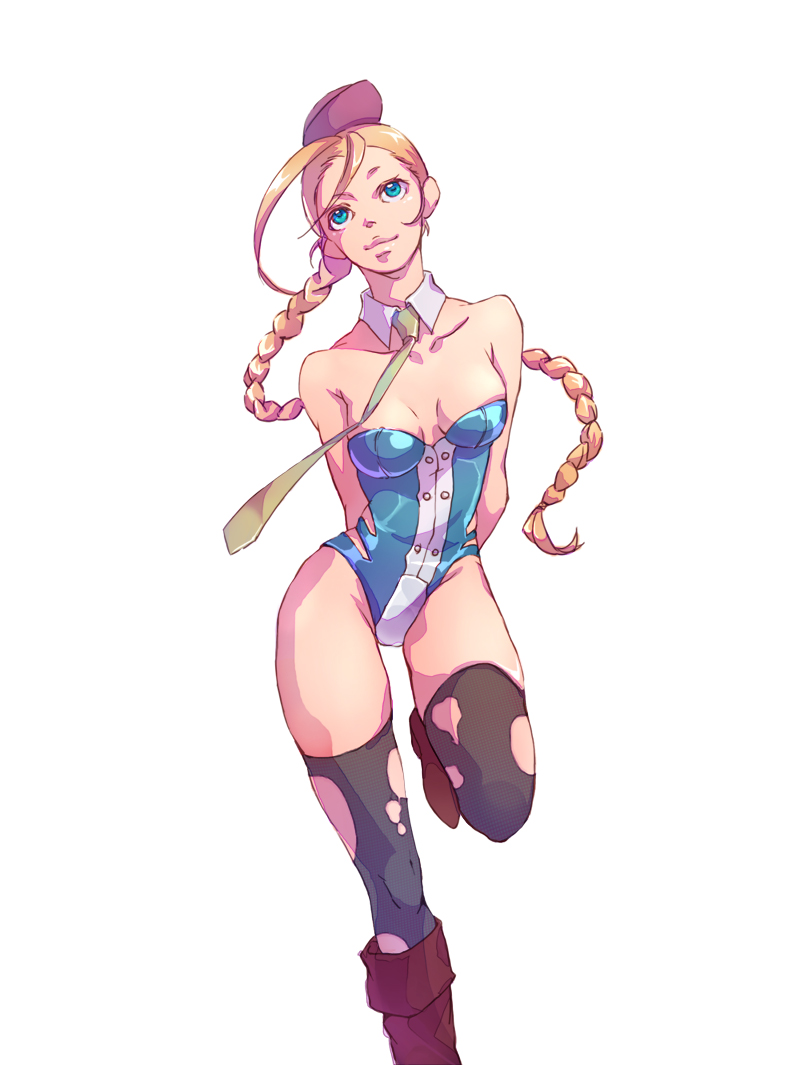 1girl, ahoge, alternate_costume, alternate_hairstyle, arms_behind_back, bare_shoulders, black_legwear, blonde_hair, blue_eyes, boots, braid, cammy_white, detached_collar, garrison_cap, hat, huge_ahoge, leotard, long_hair, necktie, single_braid, smile, solo, standing_on_one_leg, street_fighter, thigh-highs, thighhighs, torn_thighhighs, turatura