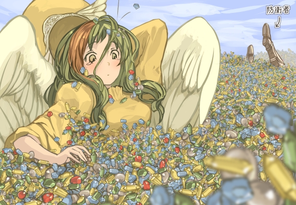 angel_wings, buried, defender_(elona), elona, gem, goddess, greaves, green_hair