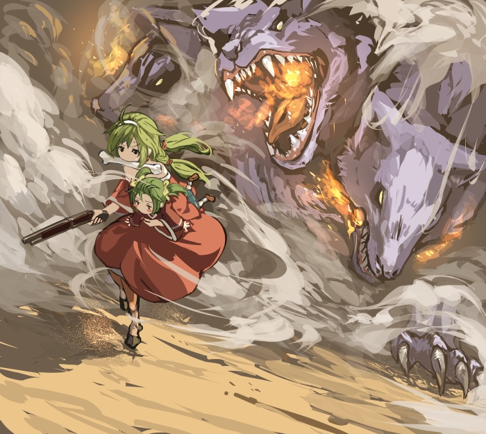 bone, cerberus, elona, fire, gun, rueken, shotgun, smoke, twintails, weapon, younger_sister_(elona)
