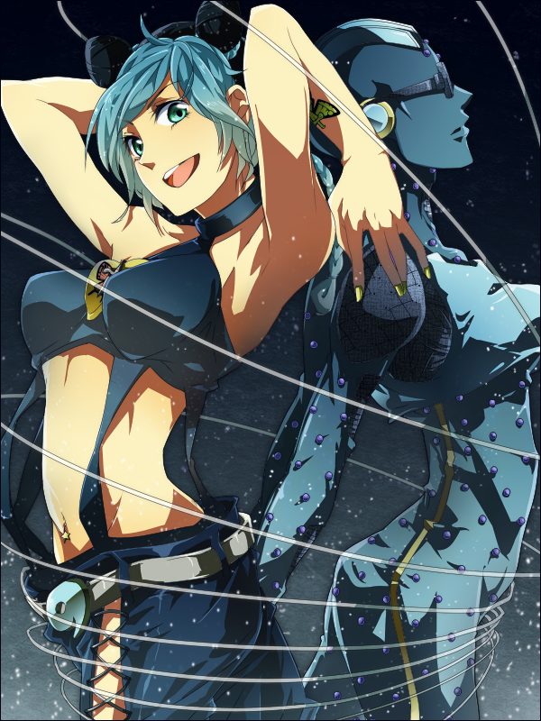 2girls, bare_shoulders, black_hair, blue_eyes, blue_hair, braid, breasts, butterfly, double_bun, hymg-gmyh, jojo_no_kimyou_na_bouken, kuujou_jolyne, midriff, multicolored_hair, multiple_girls, navel, stand_(jojo), stone_free, sunglasses, tattoo, two-tone_hair