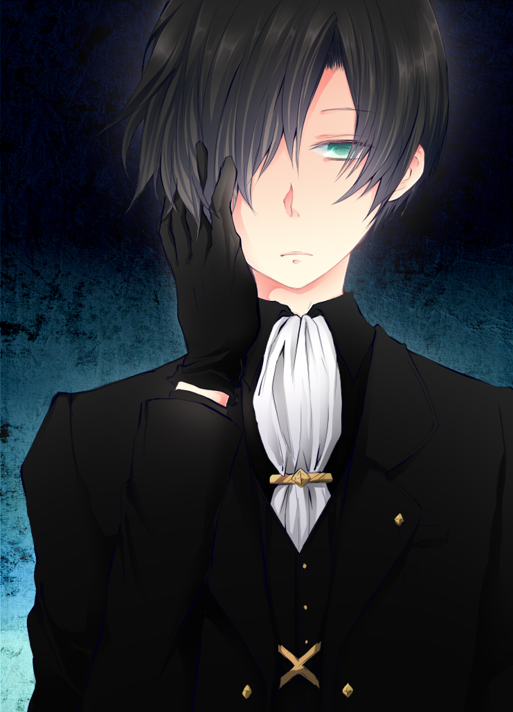 1boy, black_hair, blue_background, chii_(cherrywine), cravat, expressionless, gloves, green_eyes, hair_over_one_eye, hand_on_own_face, male, solo, tales_of_(series), tales_of_xillia, tales_of_xillia_2, victor_(tales_of_xillia_2)