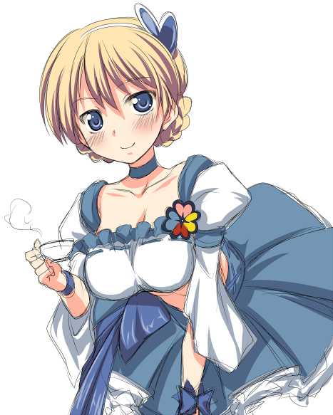 1girl, blonde_hair, blue_eyes, blush, braid, choker, collarbone, cup