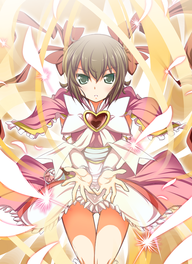 1girl, bow, brooch, brown_hair, character_request, cosplay, dress, futari_wa_precure
