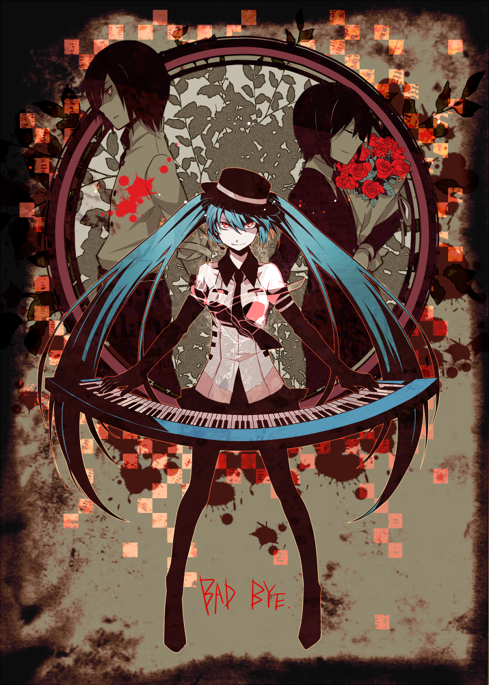 aqua_hair, back-to-back, bouquet, elbow_gloves, flower, gloves, hat, hatsune_miku, instrument, keyboard_(instrument), long_hair, looking_at_viewer, necktie, pantyhose, rose, solo, twintails, very_long_hair, vocaloid, yosakuh