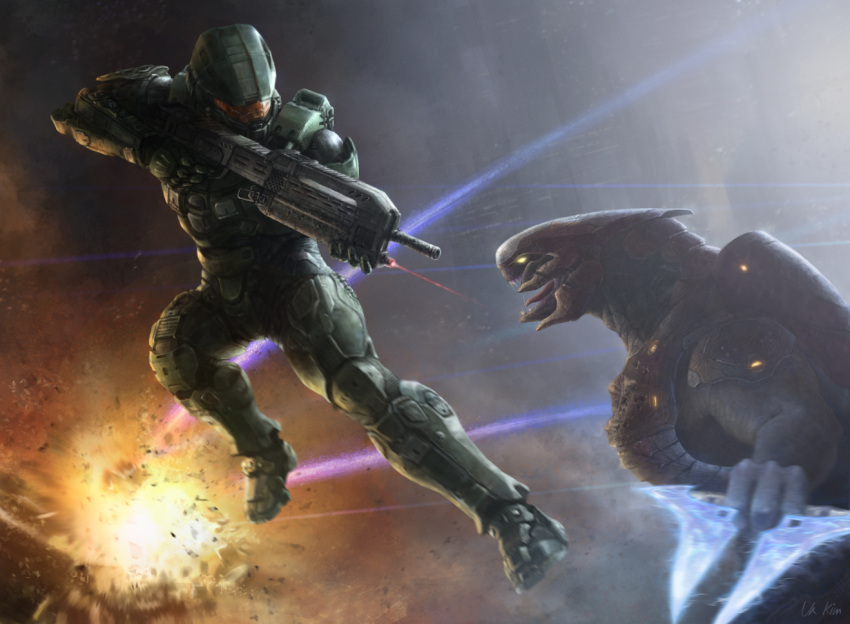 1boy, alien, armor, battle_rifle, br85hb_sr, bullpup, energy_sword, explosion