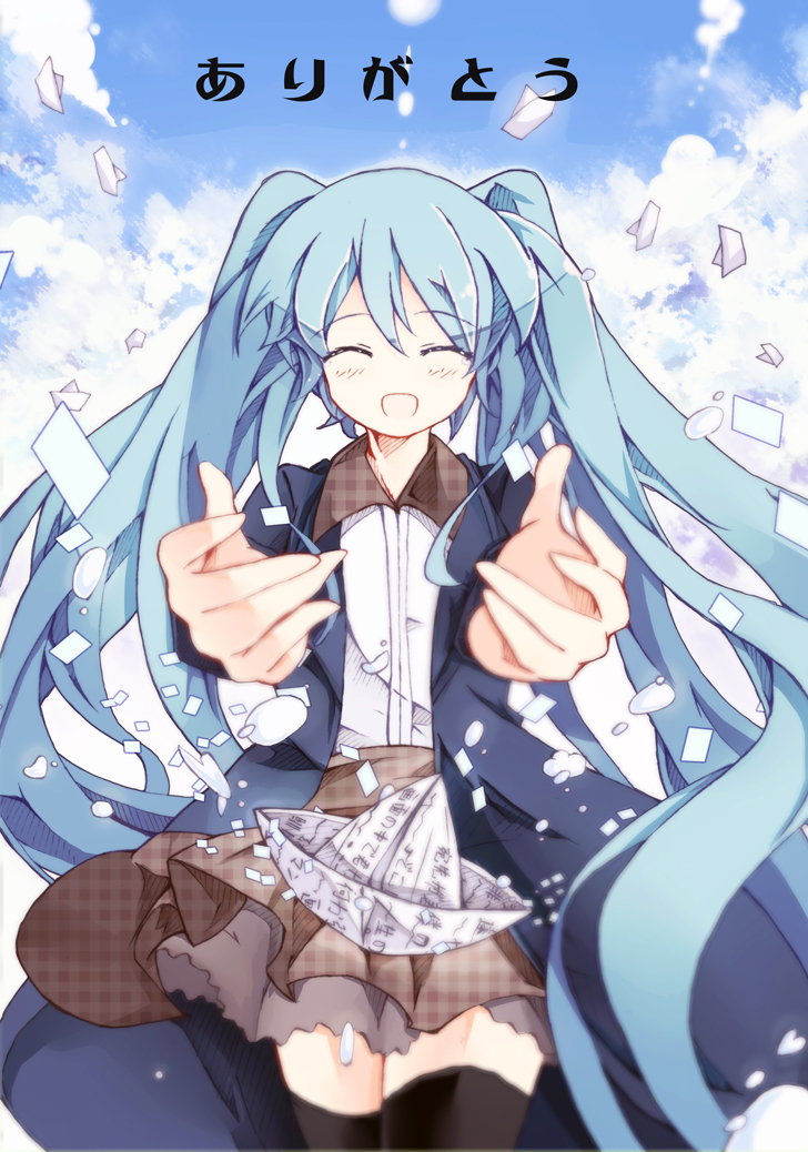 ^_^, bondson, closed_eyes, eyes_closed, hatsune_miku, paper_boat, solo, thigh-highs, thighhighs, vocaloid, zettai_ryouiki