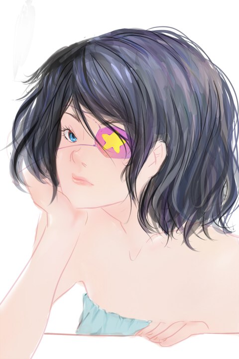 another, bare_shoulders, black_hair, blue_eyes, chin_rest, eyepatch, looking_at_viewer, misaki_mei