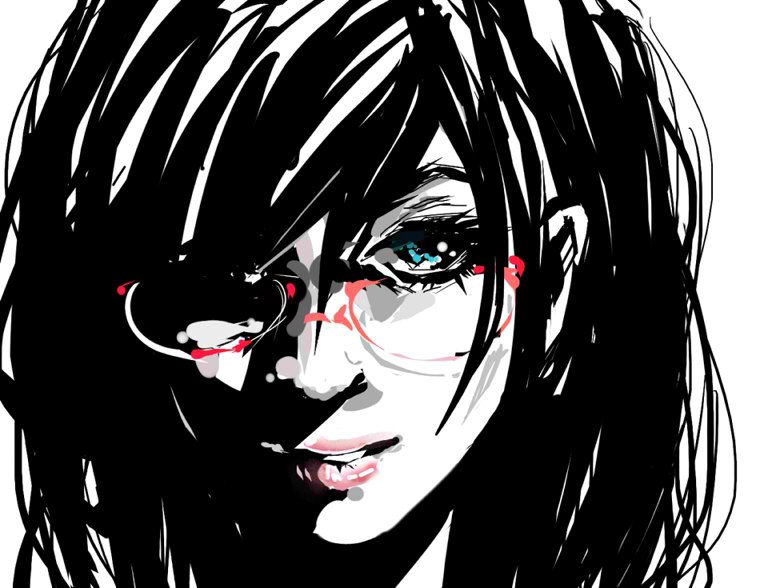 black_hair, blue_eyes, close-up, face, glasses, hair_over_one_eye, original, red-framed_glasses