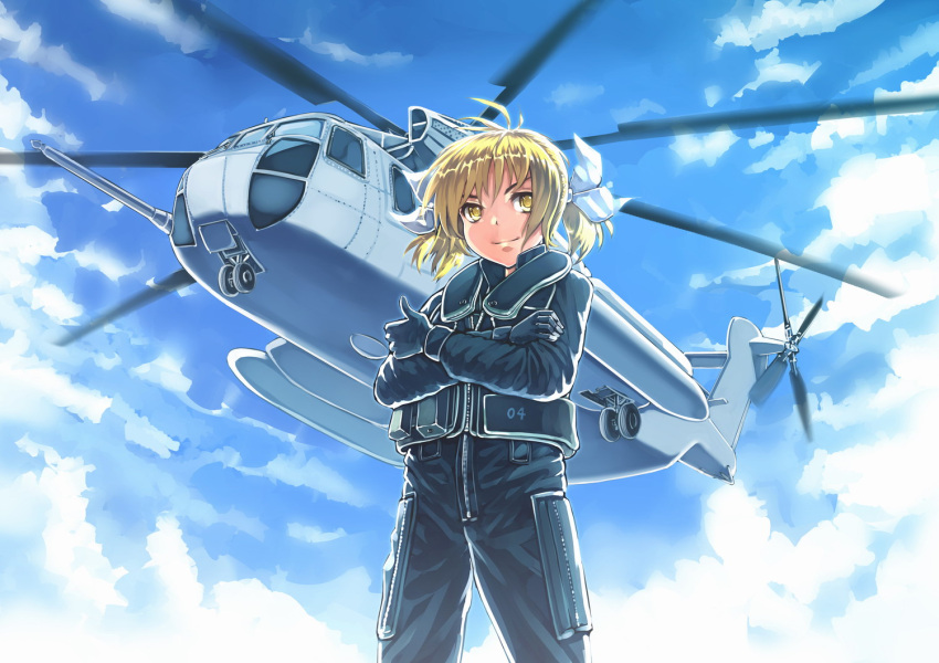 aoki_(miharuu), blonde_hair, call_of_duty, ch-53, genderswap, hair_ribbon, helicopter, mecha_to_identify