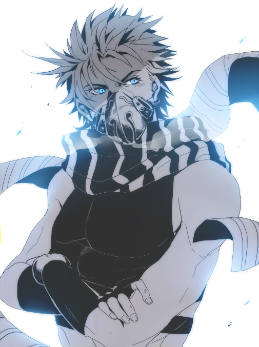 1boy, a821, blue_eyes, crossed_arms, fingerless_gloves, gloves, glowing, glowing_eyes