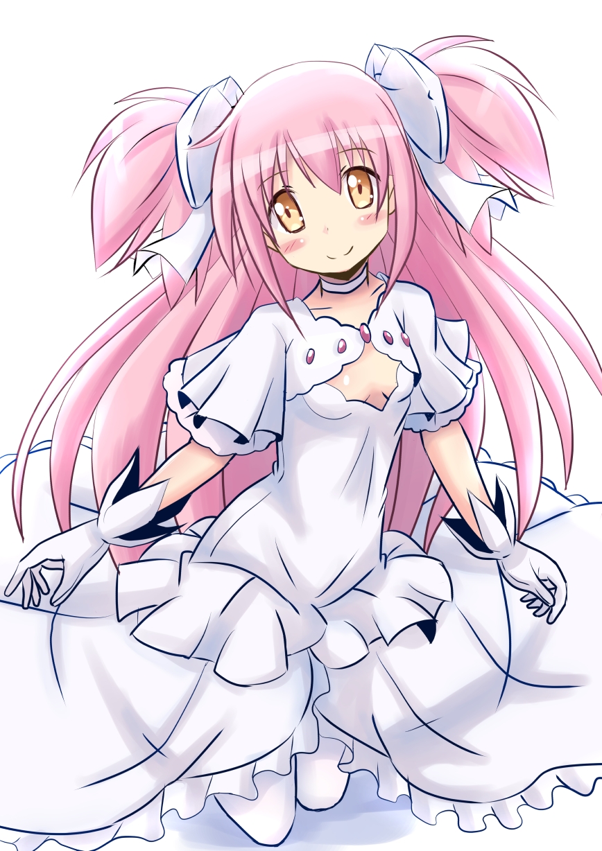 1girl, blush, bow, choker, cleavage_cutout, dress, gloves, goddess_madoka, hair_bow, highres, kaname_madoka, kneeling, long_hair, mahou_shoujo_madoka_magica, naruse_mahi, pink_hair, short_sleeves, simple_background, smile, solo, two_side_up, ultimate_madoka, very_long_hair, white_background, white_dress, white_gloves, yellow_eyes