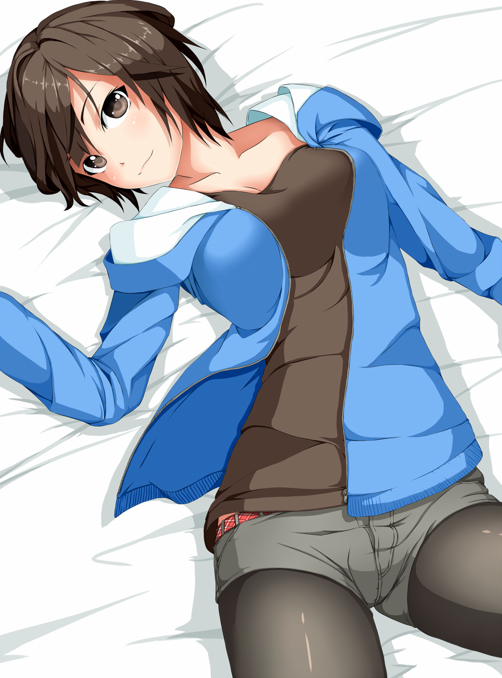 1girl, :3, ayase_tamaki, belt, black_eyes, black_hair, black_legwear, black_shirt, blouse, blush, brown_eyes, brown_hair, copyright_request, female, highres, hood, jacket, legwear_under_shorts, looking_at_viewer, lying, on_back, pantyhose, pantyhose_under_shorts, sheet, shirt, short_hair, short_shorts, shorts, smile, solo