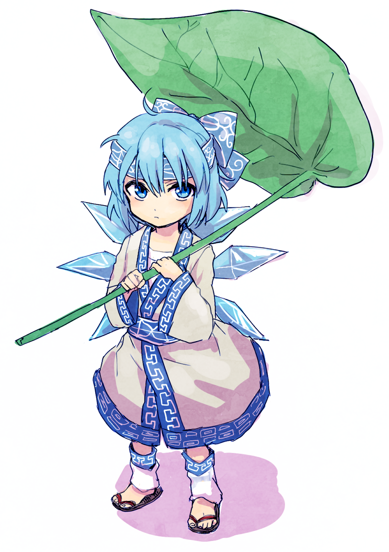 1girl, ainu_clothes, alternate_costume, blue_eyes, blue_hair, bow, cirno, furorida, hair_bow, hairband, ice, ice_wings, japanese_clothes, kimono, koropokkuru, kororo, kororo_(cosplay), leaf_umbrella, leg_warmers, long_sleeves, sandals, sash, shaman_king, short_hair, simple_background, solo, touhou, traditional_clothes, white_background, wide_sleeves, wings