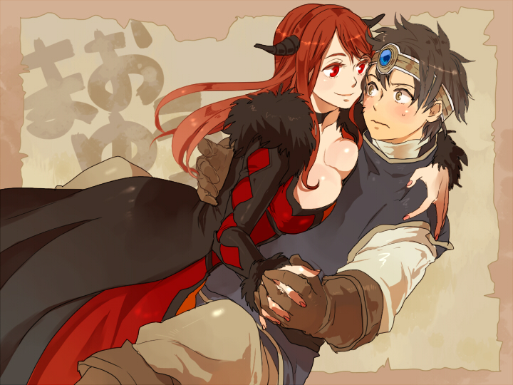 1boy, 1girl, breast_press, breasts, brown_hair, cleavage, dress, gloves, hand_holding, holding_hands, horns, maou_(maoyuu), maoyuu_maou_yuusha, red_eyes, red_hair, redhead, smile, xla009, yuusha_(maoyuu)