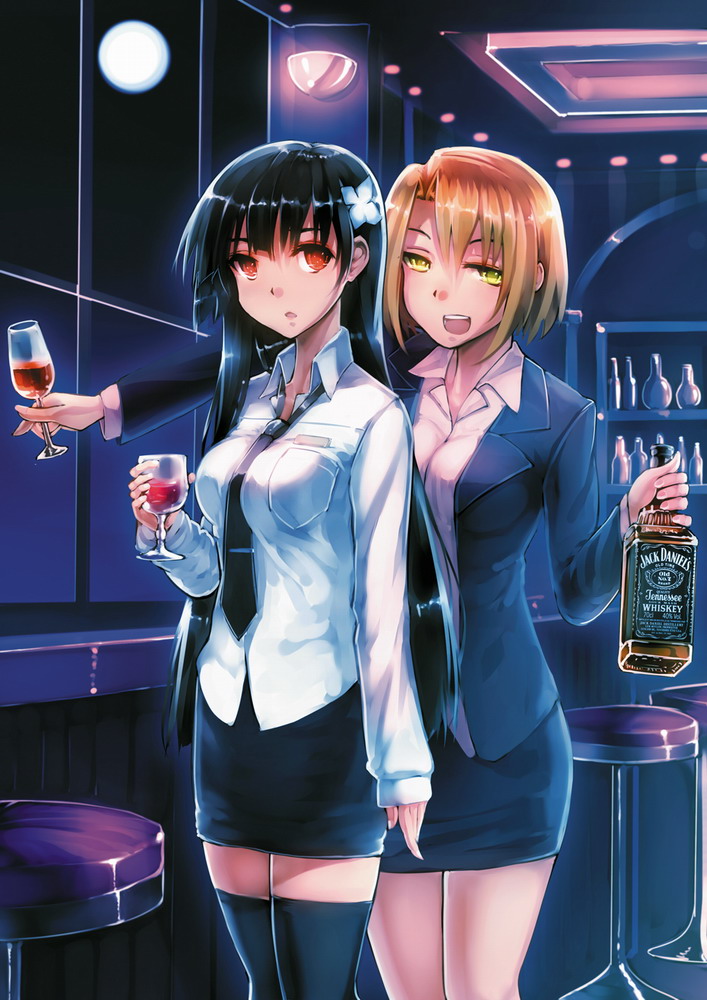2girls, :d, :o, alcohol, aoki_(miharuu), bar, bar_stool, black_hair