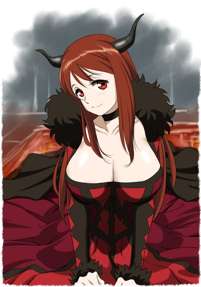 1girl, breasts, brown_hair, cleavage, demon_girl, dress, horns, kneeling