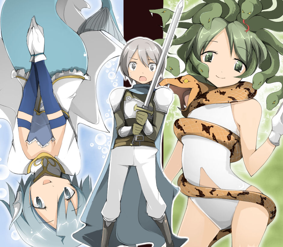 1boy, 2girls, alternate_costume, armor, bare_shoulders, blue_eyes, blue_hair, bubble