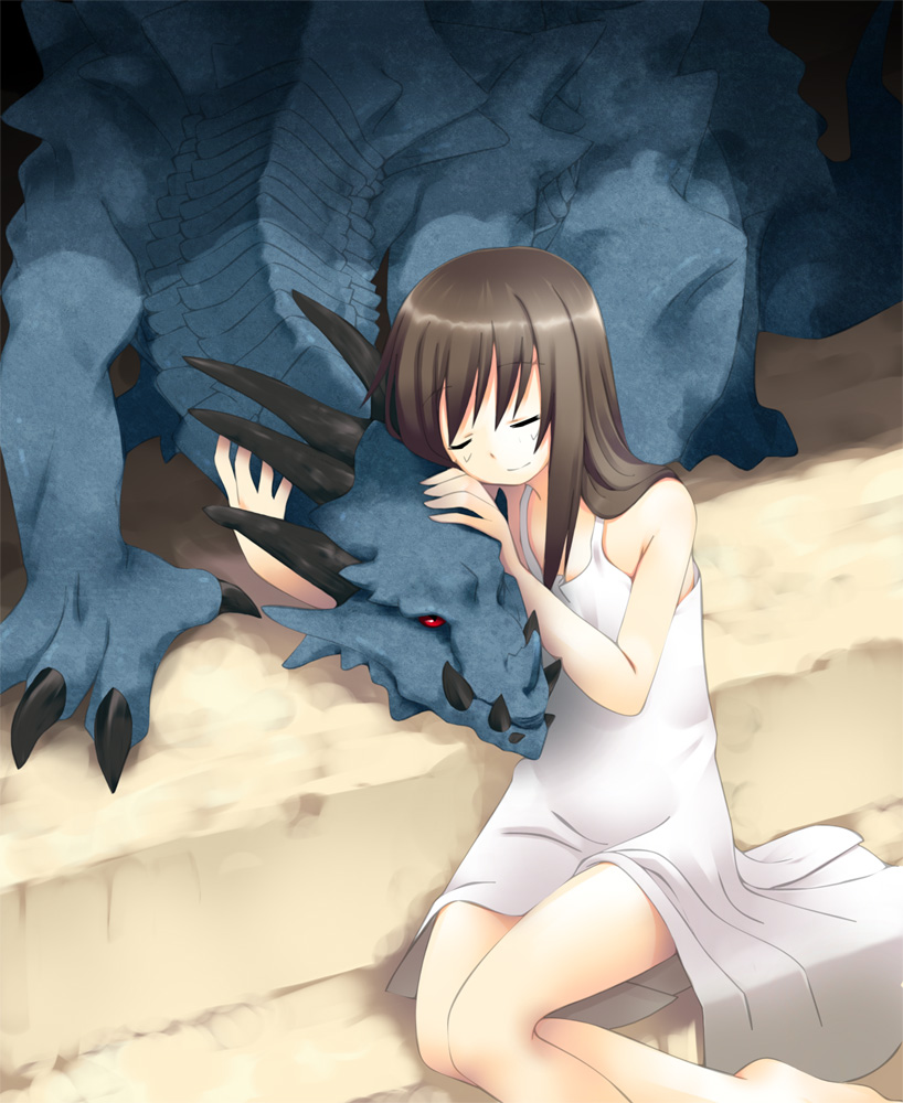 1girl, brown_hair, closed_eyes, eyes_closed, flat_chest, lao-shan_lung, long_hair, majima_yuki