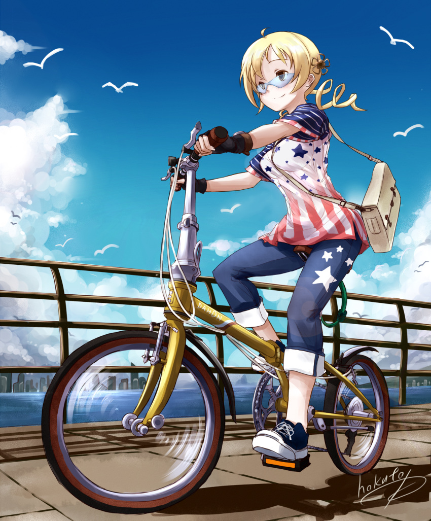 1girl, ahoge, american_flag, artist_name, bag, bicycle, bird, blonde_hair
