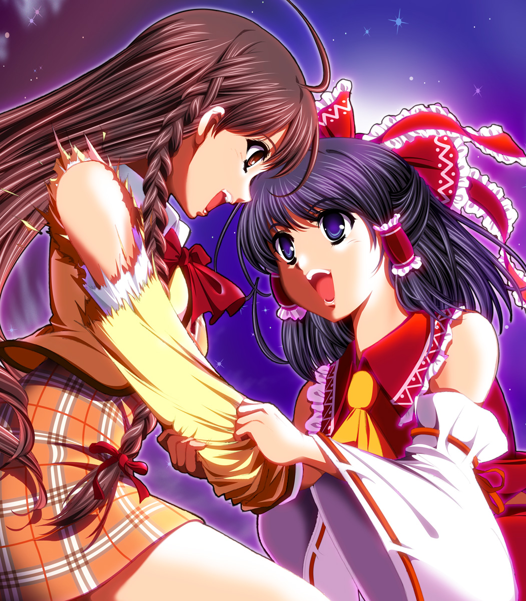 blue_eyes, bow, braid, brown_eyes, brown_hair, crossover, detached_sleeves, eigi, hair_bow, hakurei_reimu, highres, karen_(sister_princess), long_hair, motion_blur, sister_princess, sleeve_tug, tearing_clothes, torn_clothes, touhou, twin_braids