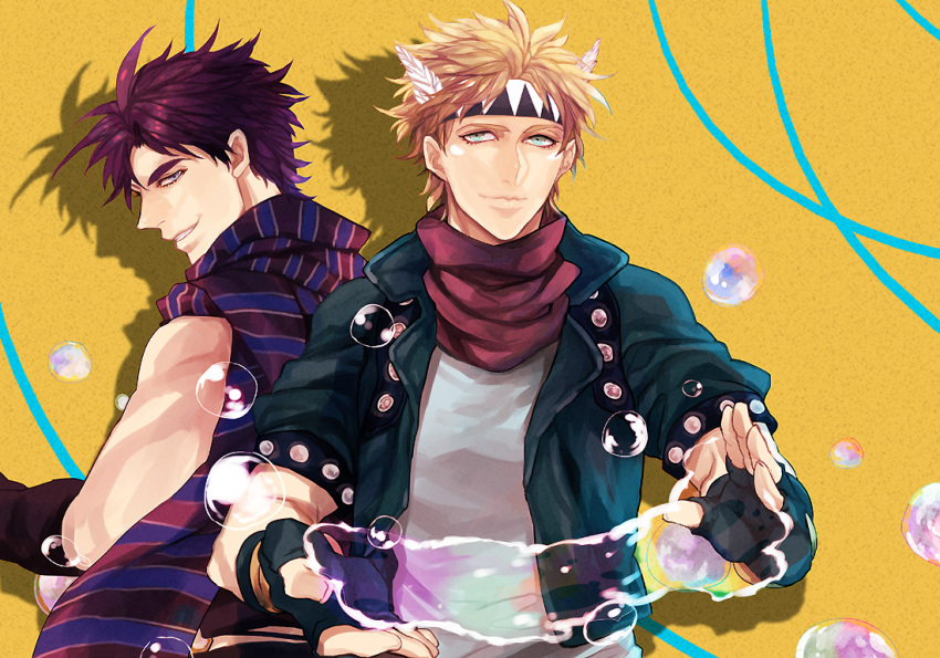 2boys, blonde_hair, blue_eyes, bubble, facial_mark, fingerless_gloves, gloves, green_eyes
