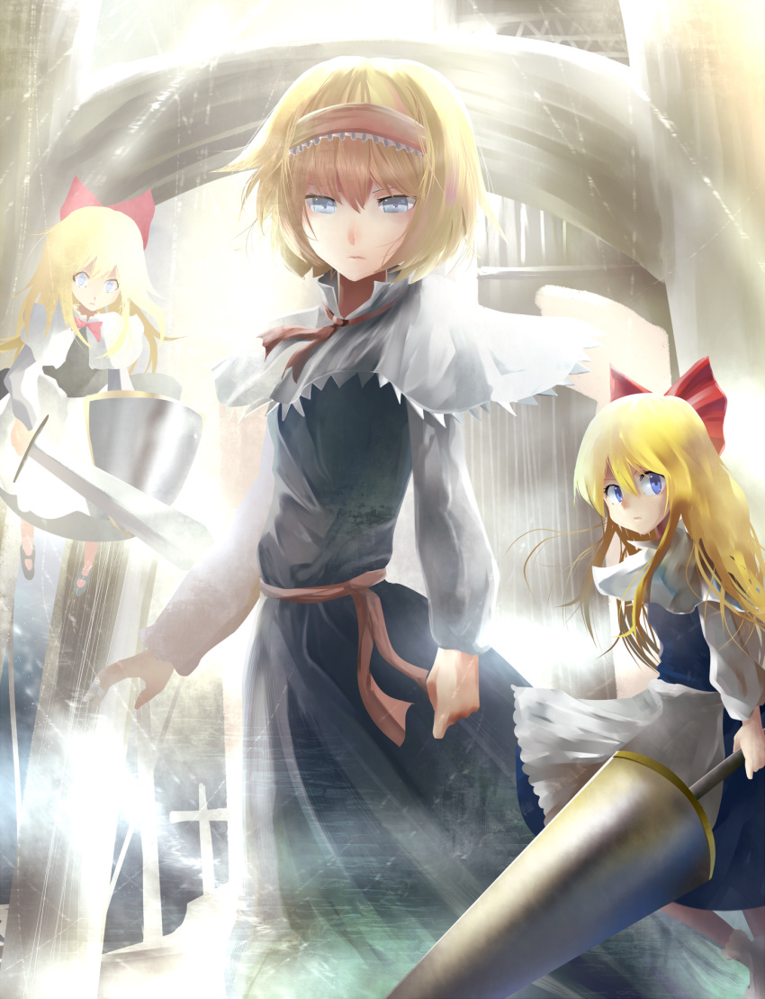 1girl, alice_margatroid, blonde_hair, blue_eyes, bow, capelet, dress, frown
