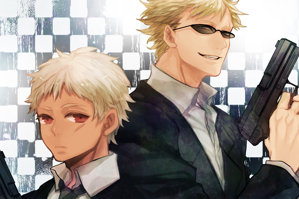2boys, blonde_hair, blue_eyes, dark_skin, formal, gun, handgun, heckler_&amp;_koch