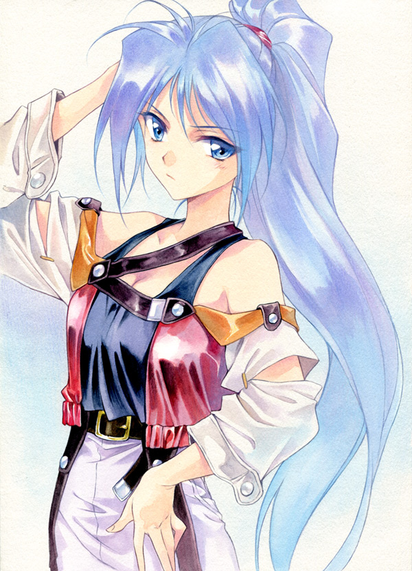 1girl, agahari, belt, blue_eyes, blue_hair, eve_~new_generation_x~, himuro_kyouko, long_hair