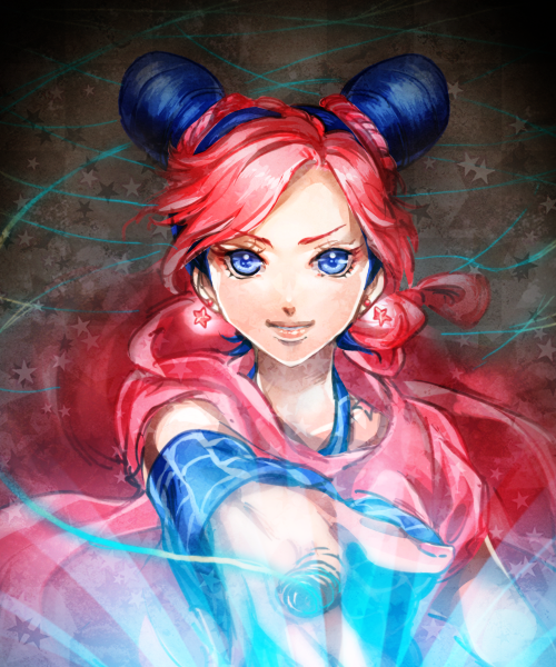 1girl, blue_eyes, blue_hair, double_bun, earrings, glowing, jewelry, jojo_no_kimyou_na_bouken, kuujou_jolyne, niku3729, pointing, red_hair, redhead, solo, string