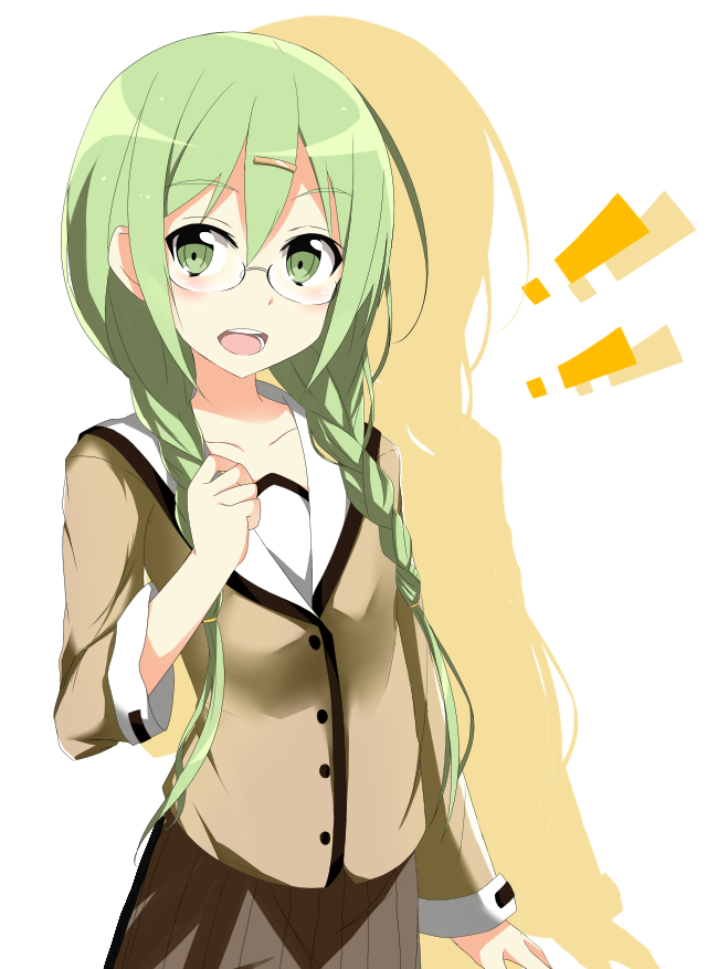 1girl, alternate_hairstyle, bespectacled, braid, glasses, green_eyes, green_hair, hair_ornament