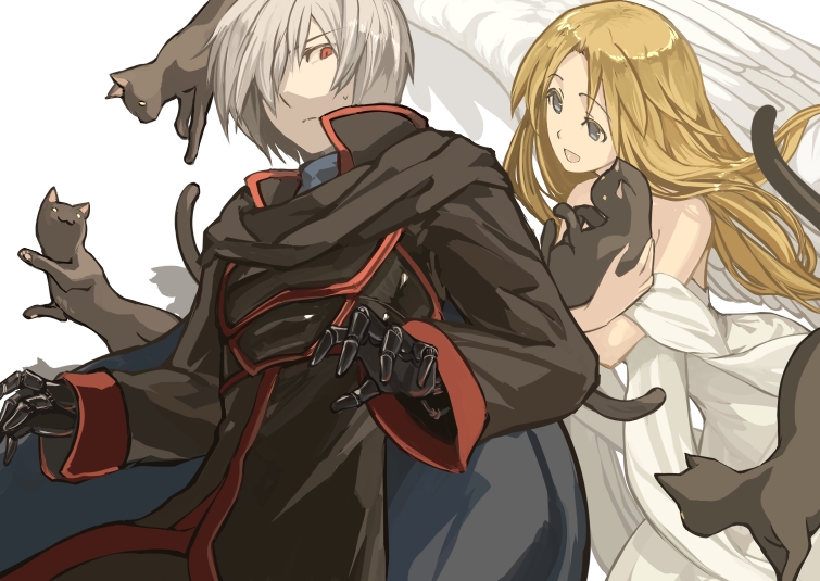 angel_wings, artificial_arm, black_cat_(elona), cape, cat, ehekatl_of_luck, elona, god