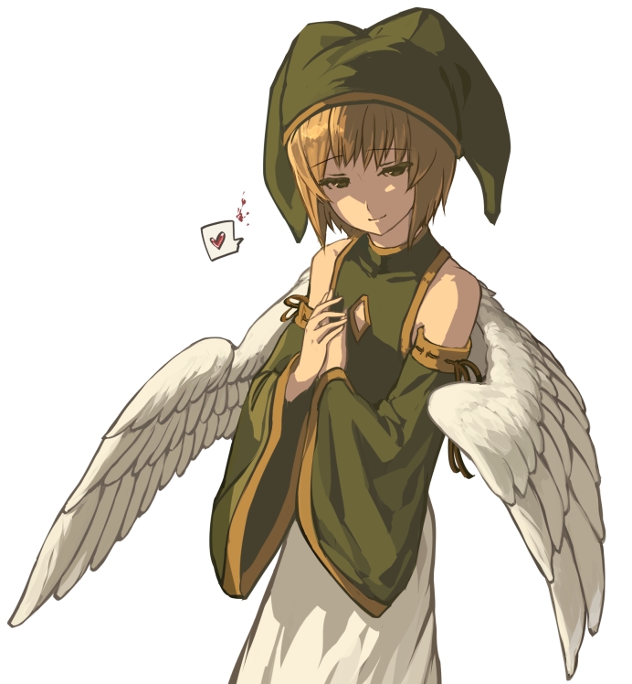 androgynous, bare_shoulders, elona, god, hat, heart, kumiromi_of_harvest, rueken, short_hair, solo, white_background, wings