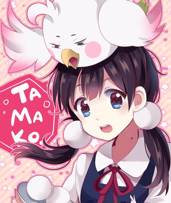 1girl, :d, animal_on_head, bird, bird_on_head, black_hair, blue_eyes, character_name