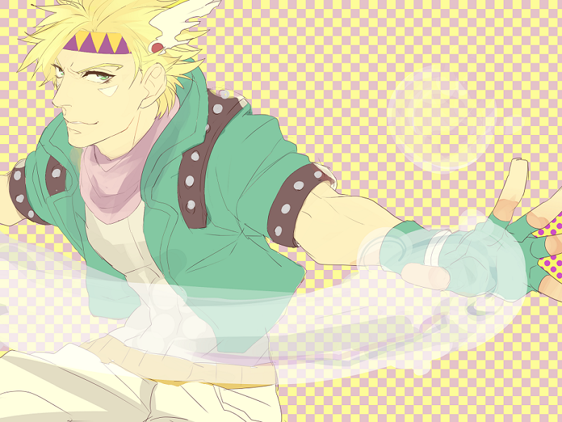 1boy, caesar_anthonio_zeppeli, checkered, checkered_background, facial_mark, feathers, fingerless_gloves, gloves, green_eyes, green_jacket, headband, hid009, jojo_no_kimyou_na_bouken, solo