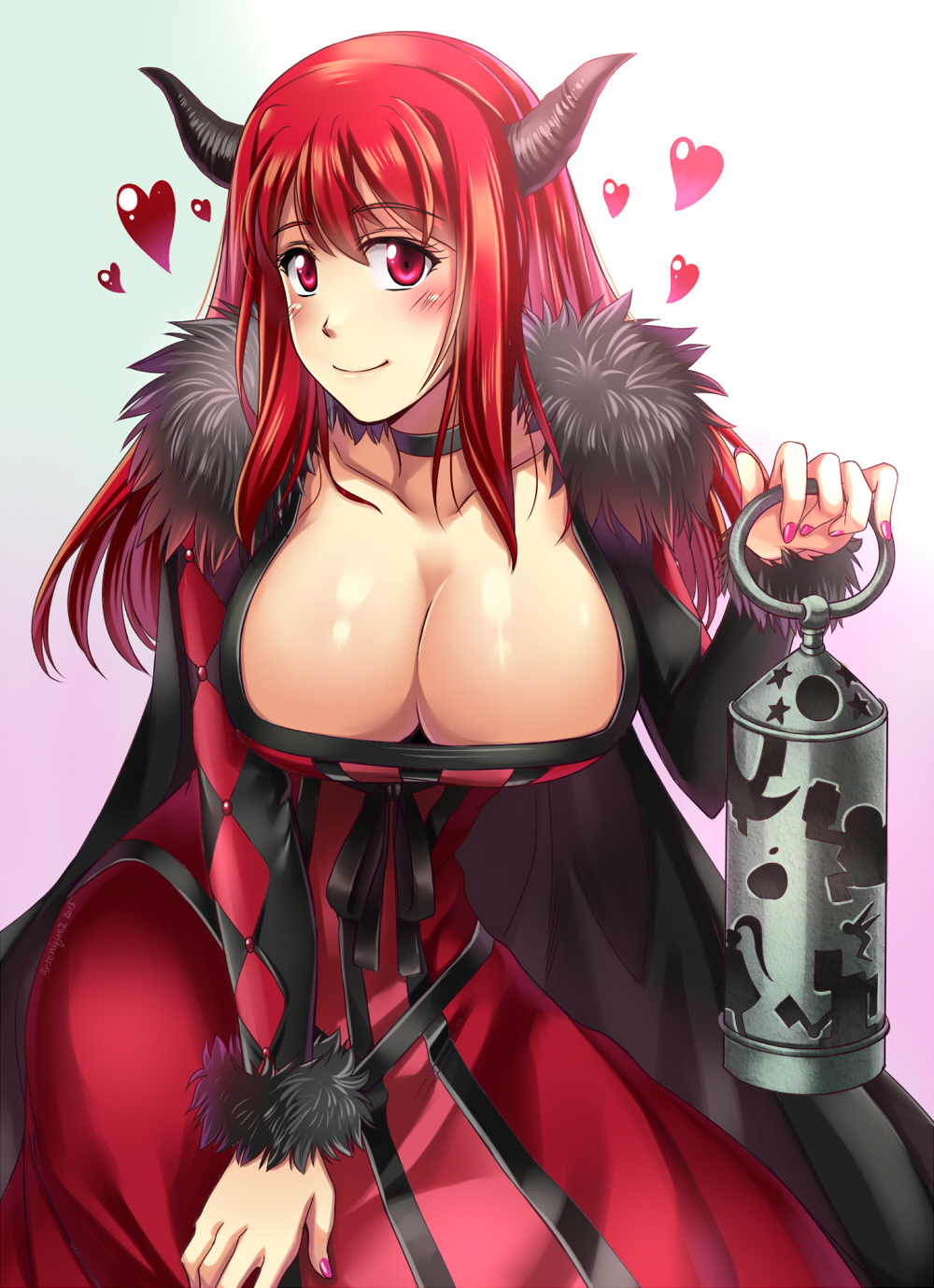 1girl, argyle, arseniquez, blush, breasts, choker, cleavage, dress, heart, highres, horns, huge_breasts, long_hair, looking_at_viewer, maou_(maoyuu), maoyuu_maou_yuusha, red_dress, red_eyes, red_hair, redhead, smile, solo