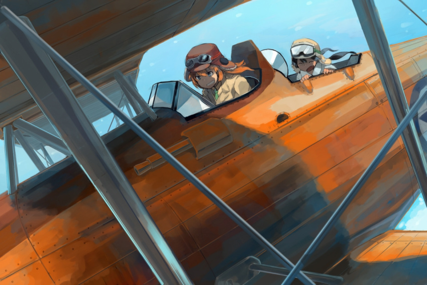 2girls, airplane, aviator_cap, biplane, black_hair, blue_eyes, charlotte_e_yeager, closed_eyes