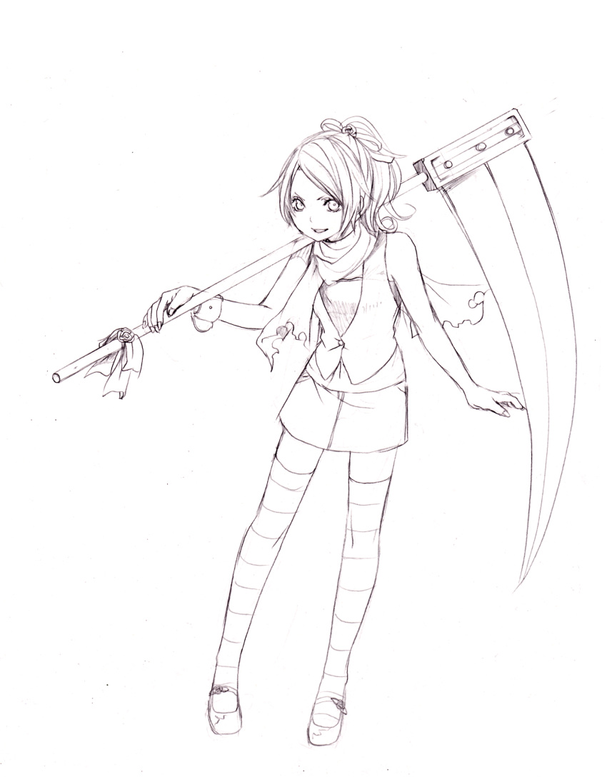 1girl, highres, lineart, looking_at_viewer, monochrome, original, scythe, smile