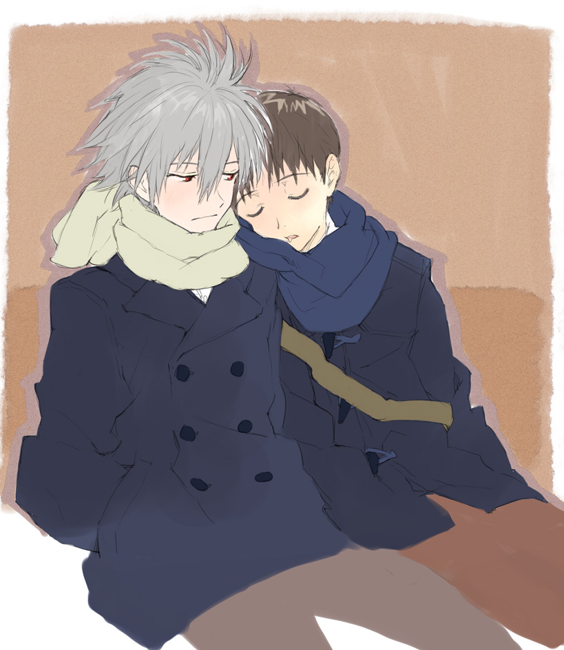 brown_hair, chocolate_sable, closed_eyes, coat, eyes_closed, ikari_shinji, nagisa_kaworu, neon_genesis_evangelion, red_eyes, scarf, short_hair, sitting, sleeping, white_hair