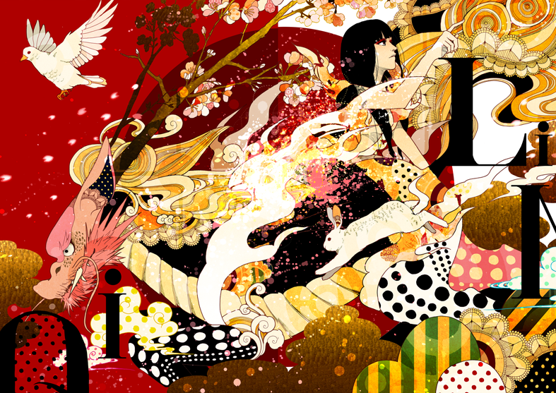 1girl, alphabet, bird, black_hair, bunny, horns, minoru_(pulse20), monster